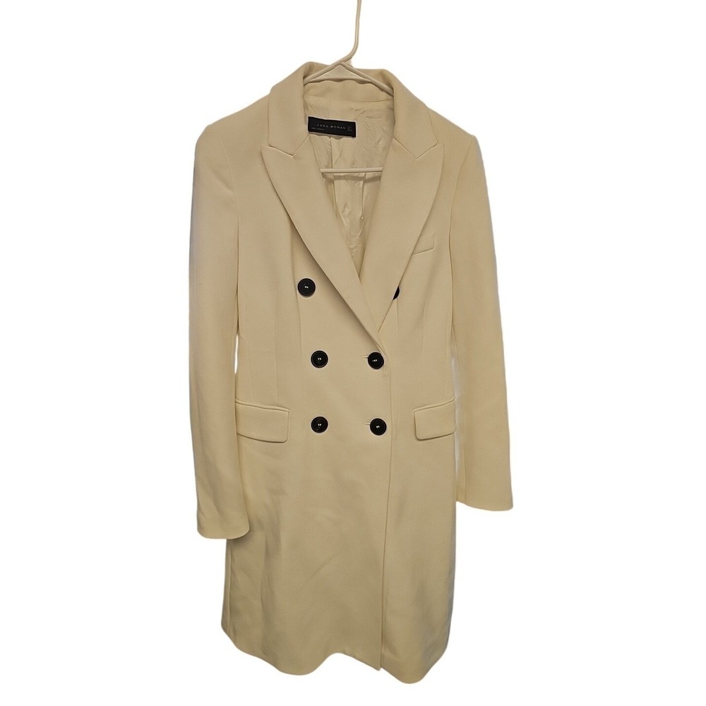 Zara Womens Long Blazer Suit Jacket White Sz M Blogger double breasted Button